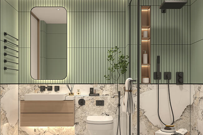 Bathroom Vanity A modern bathroom vanity with a white countertop and a white sink