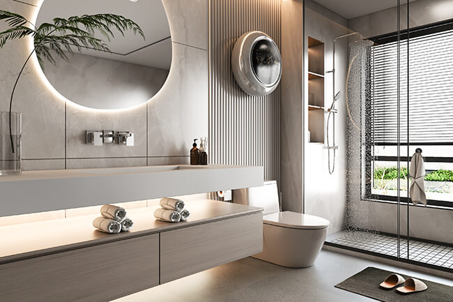 Luxury Bathroom Design A luxury bathroom with a marble vanity, a freestanding soaking tub, and a walk-in shower