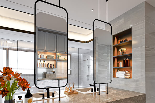 Couples' Bathroom with Large Vanity, Soaking Tub, and Walk-in Shower A photo of a couples' bathroom with a large vanity, a soaking tub, and a walk-in shower